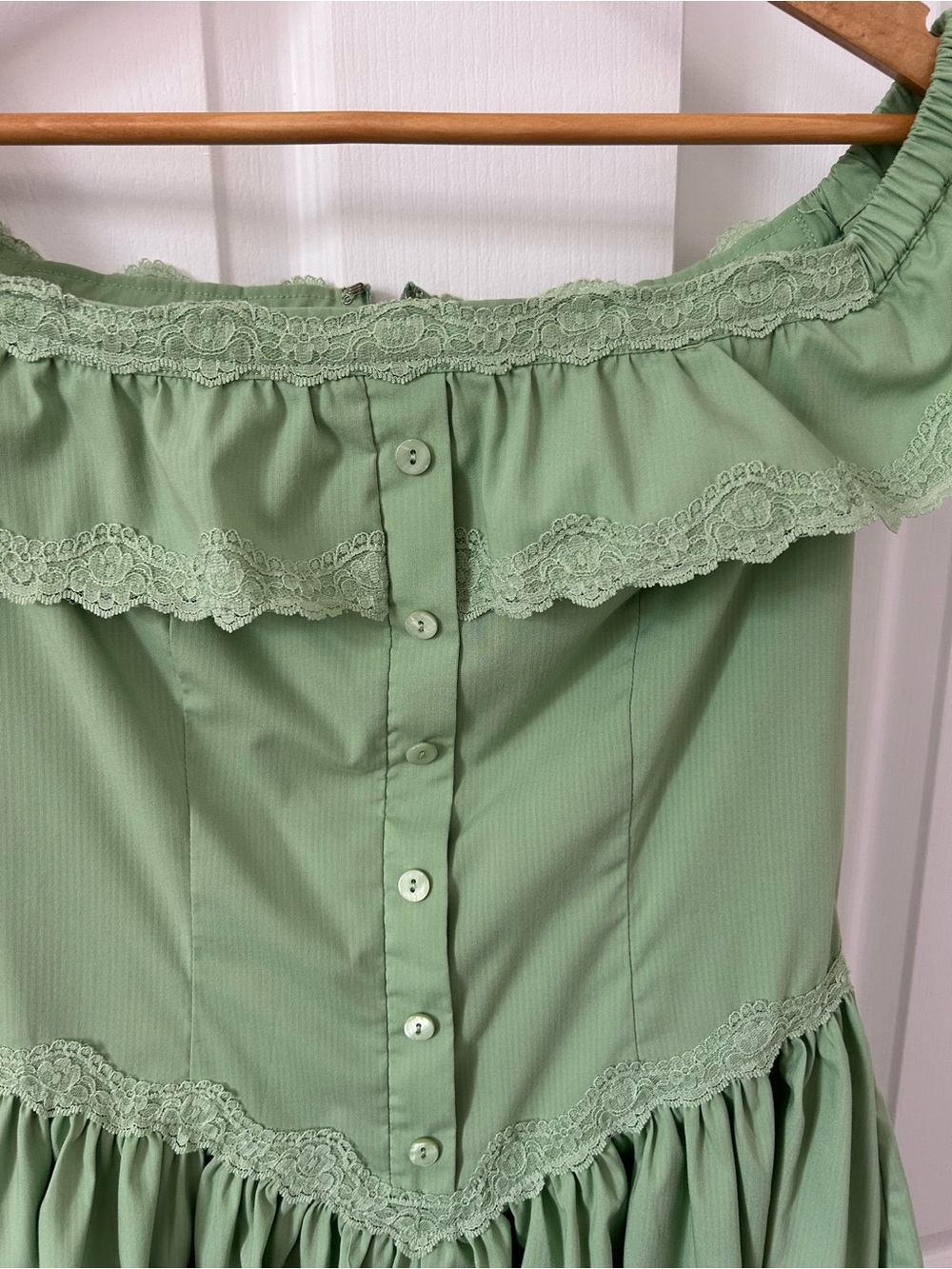 Anthropologie Sage Green Off-Shoulder Ruffled Mini Dress - Picture 5 of 5